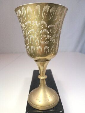 Vintage 1970s Etched Brass Goblet | Hand-Engraved Floral Indian Brass Chalice |